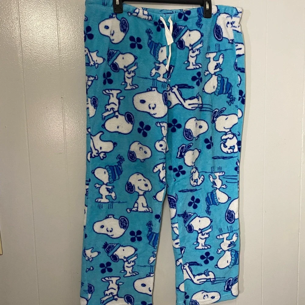 Women’s Peanuts Snoopy Soft Teal Blue Pajama Pants Joggers Winter Fun XLarge - Picture 1 of 9